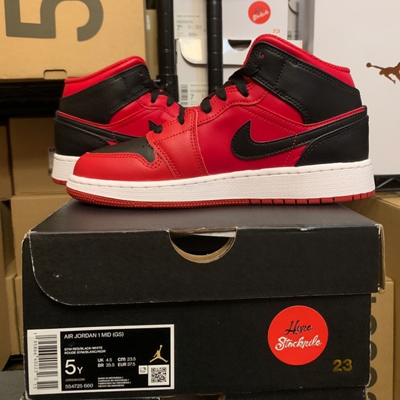 Nike Air Jordan 1 Mid Reverse Bred Black Red Shoes GS Men 554725-660 554724-660 - Picture 7 of 12